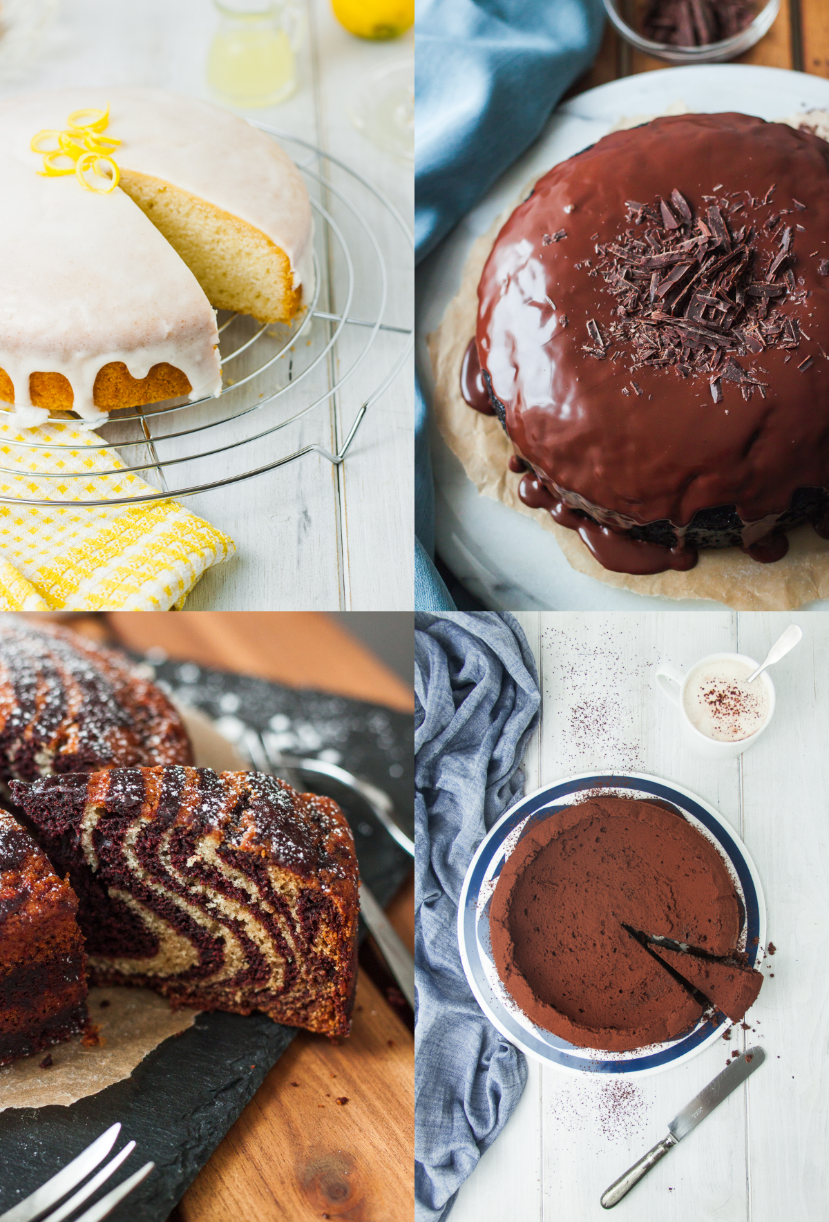 Collage aus 4 Bildern - vegane Kuchen: Zitronenkuchen, Schokokuchen, Zebrakuchen und Schoko-Nuss-Tarte